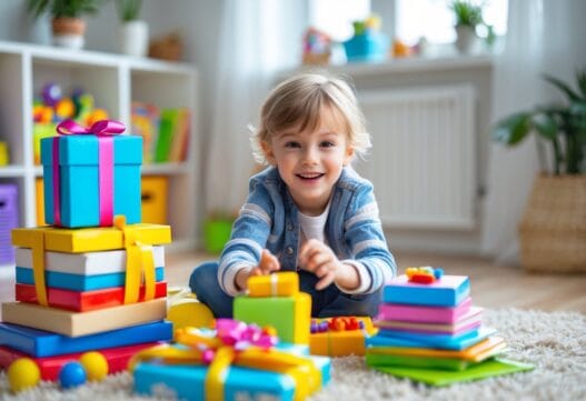 Farverigt billede med legeartikler og gaver til en 8-årig dreng på en hvid baggrund.